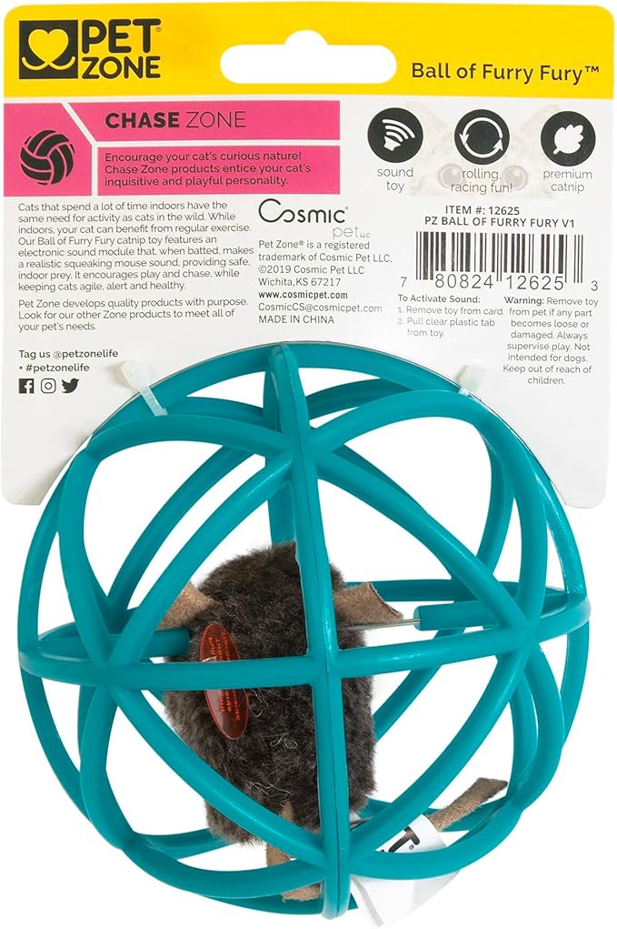 Pet Zone Ball of Furry Fury Premium Catnip Cat Toy with Real Mouse Sounds, for Chase, Rolling and Racing, Teal