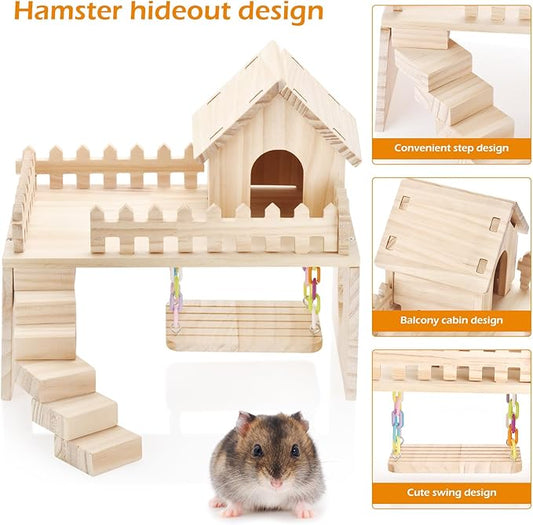 Wooden Hamster Hiding Place, Hamster Cabin with Ladder, Swing Platform Decoration, Detachable Small Animal cage Accessories, Suitable for mice, Sand Rats and Other Small Pets