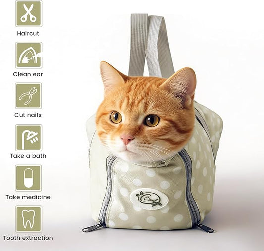 Cinf Cat Nail Clipping Cleaning Grooming Restraint Bag (Free Muzzle) No Scratching Biting for Bathing Nail Trimming Injecting Examining((Beige Gray&Dot,M)