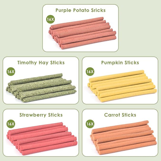 ERKOON 80Pcs Rabbit Timothy Hay Sticks, Five Flavors:PurplePotato/TimothyHay/Pumpkin/Strawberry/Carrot,Suitable Guinea Pig, Hamste, Gerbil, Chinchilla Treats, Chew Toys for Teeth for Bunnies