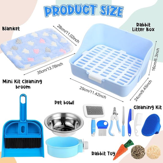 Reallnaive 15 Pcs Rabbit Starter Kit Small Rabbit Litter Box Girls Gift Animal Grooming Kit Bunny Toys Bowl Blankets with Cleaning Set for Guinea Pig Accessories(Candy Blue)