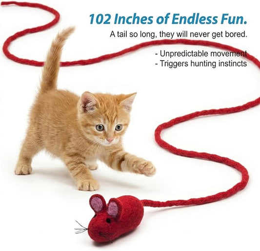 Glaciart One Felt Mouse Cat Toy – Soft Fuzzy Enrichment 100% Natural Wool - Interactive Catnip Play Cat Toy Set - Safe for Pets, Non-AZO Colored Dyes - 100” Long