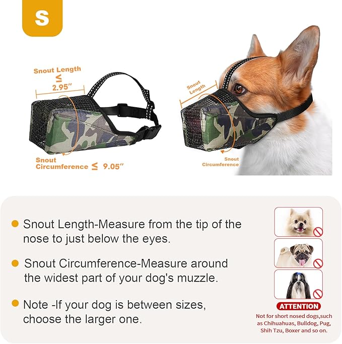 Mesh Dog Muzzle, Breathable Soft Dog Muzzle with Reflective Straps for Secure Fit, Prevents Biting, Chewing Scavenging- Adjustable for Small Medium Large Dogs,Camo,S