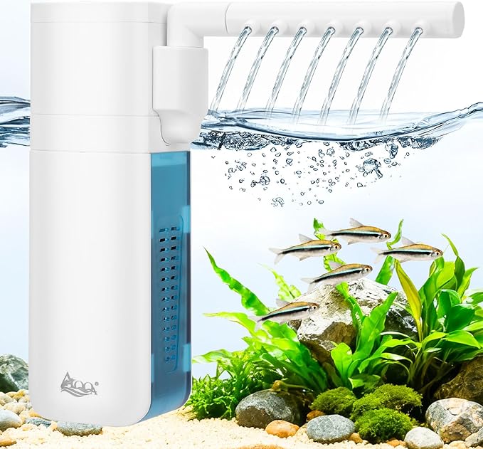AQQA Aquarium Filter for 5-10 Gallon Tank, 79GPH Internal Small Fish Tank Filter with Dual Water Outlet & Aeration for Crystal Clear Water Submersible Pump& Filter System (3W for 5-10 Gal Tank)
