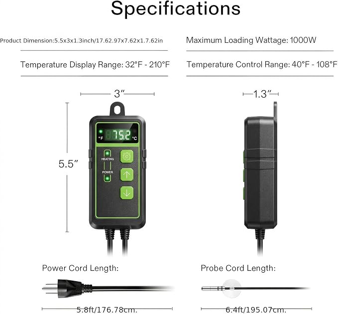 Digital Temperature Controller Thermostat, Heating & Cooling Outlet with LCD Touchscreen NTC Probe, 40–108°F, 110V for Reptile Tank, Seedling Heat Mat, Greenhouse, Fermentation