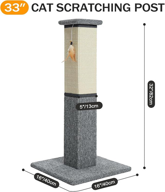 Made4Pets Cat Scratching Post, 32 Inch Natural Sisal & Carpet Covered Cat Scratcher with Kitten Toy, Dual-Material Tall Scratching Post for Indoor Cats Adults and Kittens, Beige