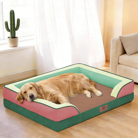 Comfort Expression Orthopedic Dog Bed for Extra Large Dogs 42x30 Inch, Waterproof Egg Crate Foam XL Pet Bed with Removable Bolsters, Dog Couch with Washable Cover & Non-Slip Bottom, Watermelon Mist