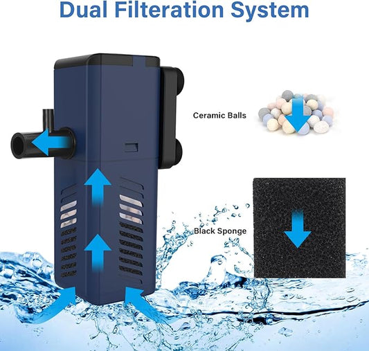 fishkeeper Aquarium Internal Filter,Adjustable Submersible Fish Tank Filter with 135GPH Water Flow, Ultra Quiet Biochemical Sponge Filter for 25-100 Gallon Tank(5W)
