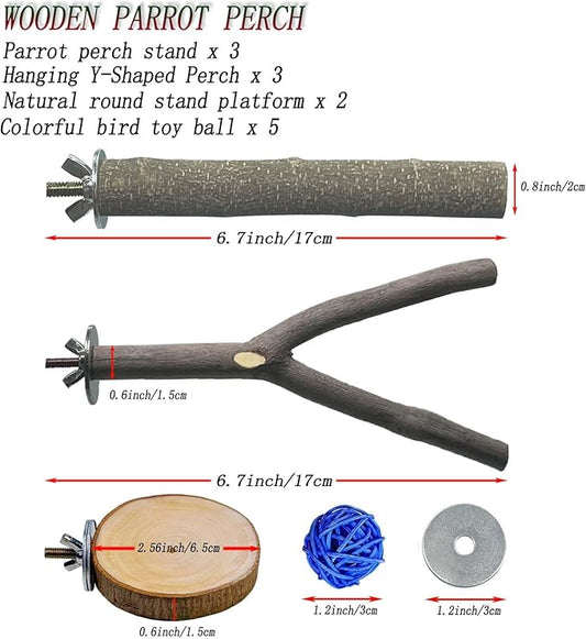8 PCS Natural Wood Bird Perches Stand for Cage, 5 PCS Parrot Rattan Balls, Wooden Hanging Multi-Branch Perches Platform, Hammock Swing Toy for Parakeets, Budgies, Cockatiels, Conures, Macaws (13 PCS)