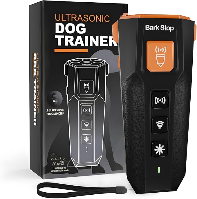 Ultrasonic Dog Bark Deterrent – Rechargeable Anti Bark Device with Dual Frequency & LED Flashlight – Handheld Trainer for Indoor and Outdoor Use (Black)