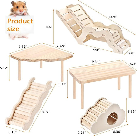 5-in-1 Wooden Hamster Toys Set Hamster House Hideout with Ladder Bridge Platform Table Climbing Ramp, Chew Toy for Syrian Dwarf Hamsters Gerbils Small Pets Cage Accessories Natural Wood Habitat Decor