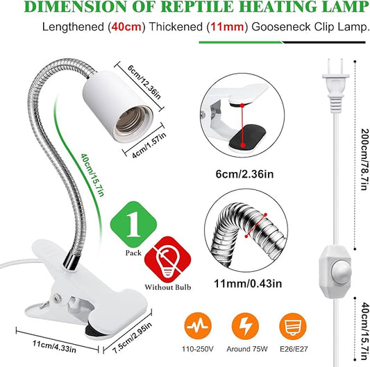 Reptile Heat Lamp,Tortoise Heat Lamp with 40CM Lengthened Gooseneck,Grow Light for Plant,Chick Basking Lighting,E27 Ceramic Lamp Holder,Clamp Light with Dimmable Switch,Metal Clip,for Lizards,No Bulb
