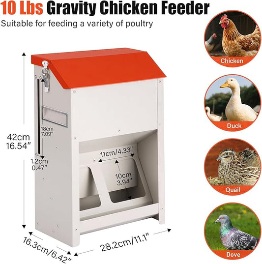 10LB Wall Mount Chicken Feeder, Hanging Poultry Food Dispenser No Waste No Spill for Chickens Ducks Coop Supplies (No Assembly)
