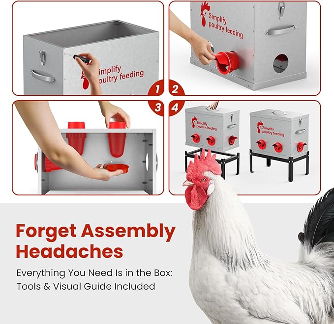 Hiqufet 40 lb Large Automatic Chicken Feeder with 6 No-Waste Ports – Outdoor Metal Chicken Feeders with Adjustable Stand, Rodent-Resistant Design & Riveted Handles for Chickens, Ducks & Poultry