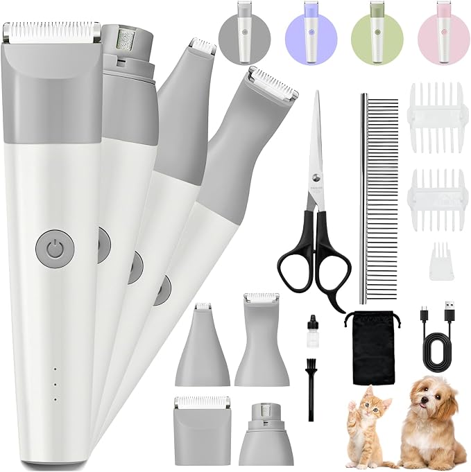 4 in 1 Rechargeable Dog Clippers Grooming Kit with 2 Speeds and Low Noise | Quiet Cordless Dog Hair Trimmer for Paw Nail Grinder, Cat Grooming Clippers for Trimming Hair on Paw Eye Ear Face (Gray)