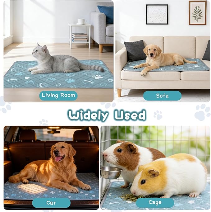 3 Packs Washable Guinea Pig Cage Liners with with Paw Print, Waterproof Guinea Pig Pee Pads Reusable Absorbent Bedding Anti Slip Mats for Small Animals Bunny Rabbit Hamster (Blue, 47 x 24in)