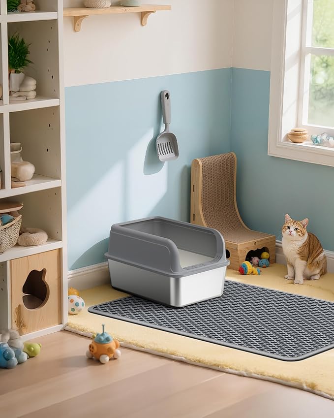 Powools Cat Litter Mat - 46" x 35" Jumbo Litter Box Mat with Double Layers, Urine-Proof and Non-Slip Litter Trapping Mat, Easy to Clean Kitty Litter Mats for Floor, Scatter Control, Grey