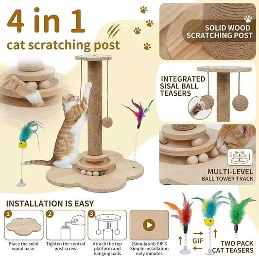 4-in-1 Wooden Cat Scratcher Toy,Cat Scratching Post&2-Level Track Tower With 8 Balls&2 Sisal Ball&2 Cat Wand Toy,Indoor Cat Activity Center For Cats Of All Ages And Body Types (11.8"L x 11.8"W x 19"H)
