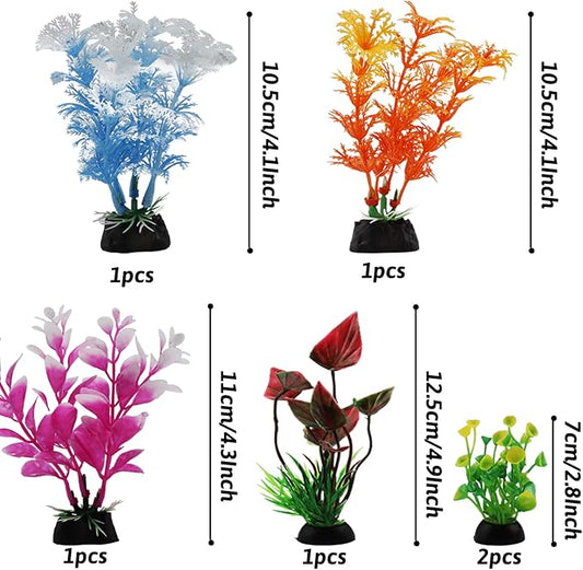 Aquarium Decorations - 6pcs Colorful Fish Tank Plants, Plastic Accessories for Mini Aquariums