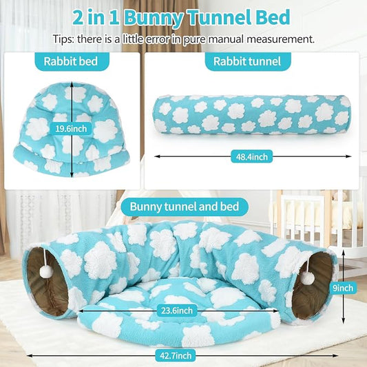 BWOGUE Bunny Tunnel Bed, 2-in-1 Collapsible Tunnel Tubes Toys with Removable Mat Hideout for Cats Kittens Rabbits Guinea Pigs Kitty (Clouds Blue)