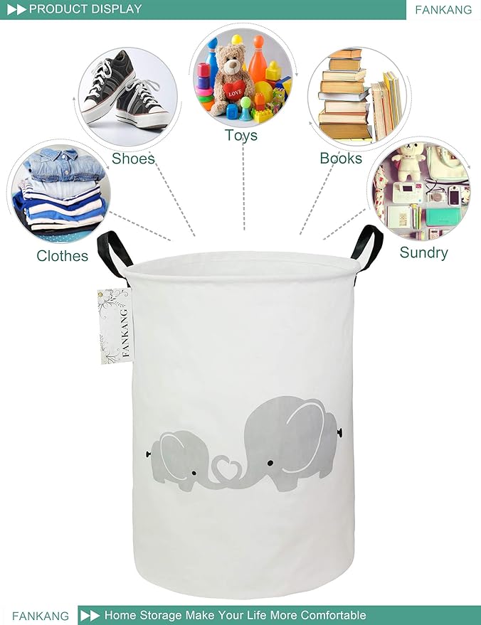 Storage Basket, Nursery Hamper Canvas Laundry Basket Foldable with Waterproof PE Coating Large Storage Baskets for Kids Boys and Girls, Office, Bedroom, Clothes,Toys(Love Elephant)