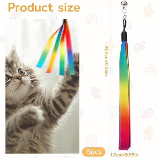 5 Pcs Cat Ribbon Toy, Cat Toy Wand Replacement Interactive Kitten Rainbow Toys Wand, Portable Cats Teaser Wands, Kitten Ribbon Refill Attachment Toys with Bell for Most Cats Kittens Small Pets