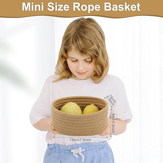【2 Pack】ABenkle Small Woven Baskets, Tiny Oval Shallow Storage Baskets, Mini Cotton Rope Empty Decorative Basket, Boho Little Organizer Bins for Bathroom, Cat Dog Toy Gifts Baskets