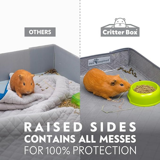 Paw Inspired Critter Box Washable Cage Liner, Reversible Fleece Bedding with Raised Sides for Guinea Pigs and Other Small Animals (2x4 (12" Grids), Gray/Blue)