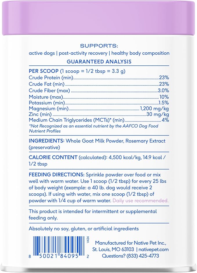 Native Pet Goat Milk Powder - Dog Food Topper for Active Dogs - Post-Activity Recovery, Energy, Immune Support, Hydration & Bone Health - Whole Goat Milk with MCTs & Essential Minerals - 120 Scoops