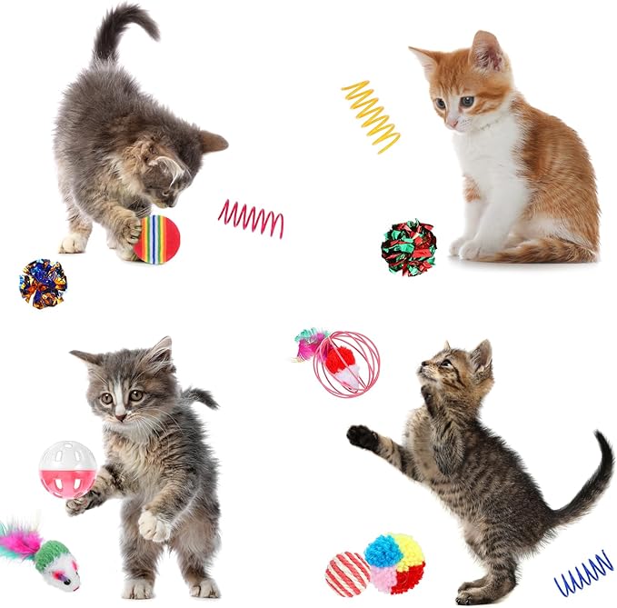 150 Pcs Cat Toys Bulk, Kitten Toys Assorted Cat Toy Variety Pack Cats Toy Bundle with Mice Rainbow Balls/Springs Crinkle Balls/Lattice/Sisal/Table Tennis/Plush/Caged Bell for Indoor Cats Kitty Kitten