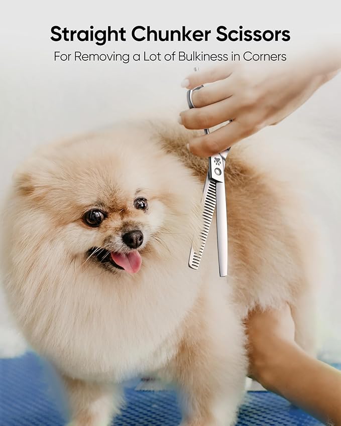 ULG Curved Dog Shears for Grooming, 7 Inch Professional Straight Chunker Dog Grooming Scissors for Trimming and Cutting, Japanese Stainless Steel Pet Hair Scissors, 65%-75% Thinning Rate