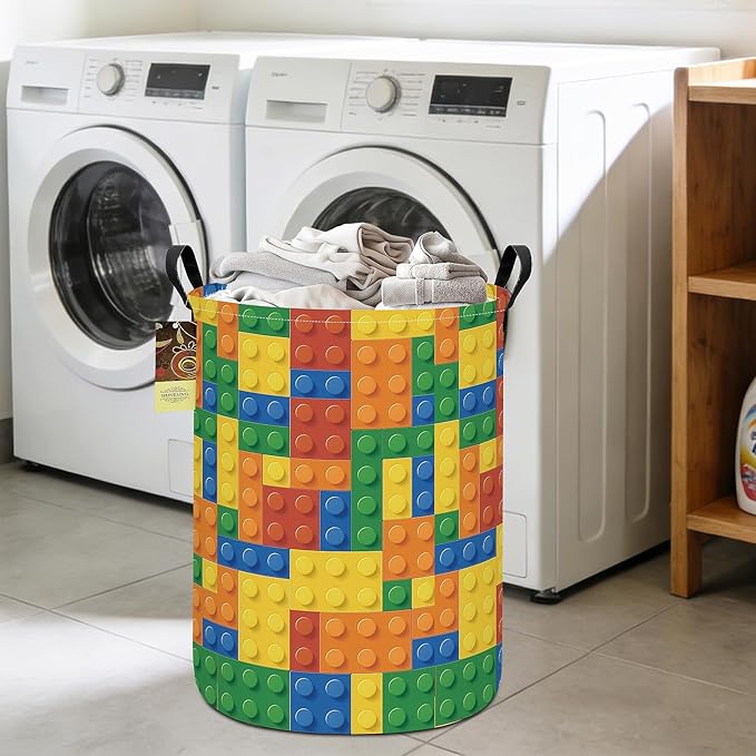 Collapsible Fabric Storage Basket, Waterproof Laundry Hamper with Handles, Round Storage Bin for Clothes Toys, Foldable Organizer for Bedroom Nursery Bathroom(Round-Colorful Blocks)