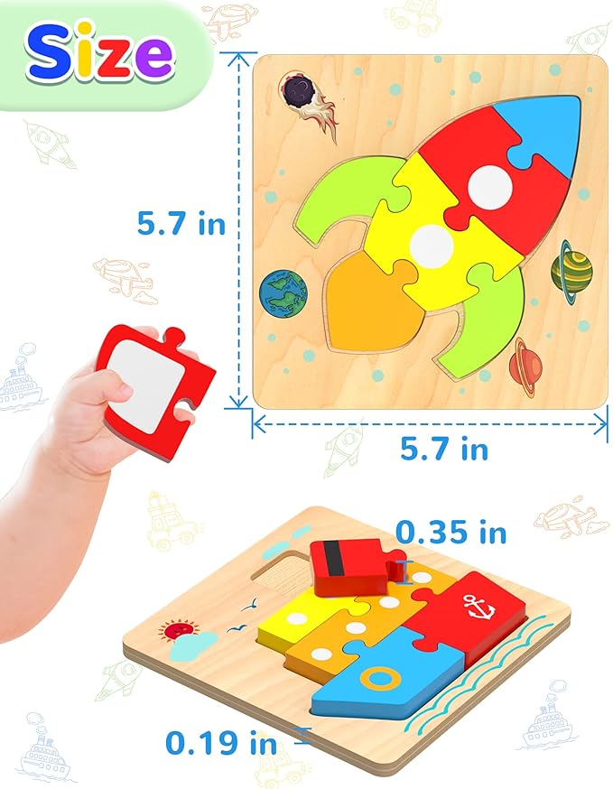Yetonamr Wooden Toddler Puzzles Gifts Toys for 1 2 3 Years Old Boys Girls, 6 Vehicle Shape Montessori Toys Educational Blocks Kids Toys Gift Baby Learning Toy Age 1-3, 2-4