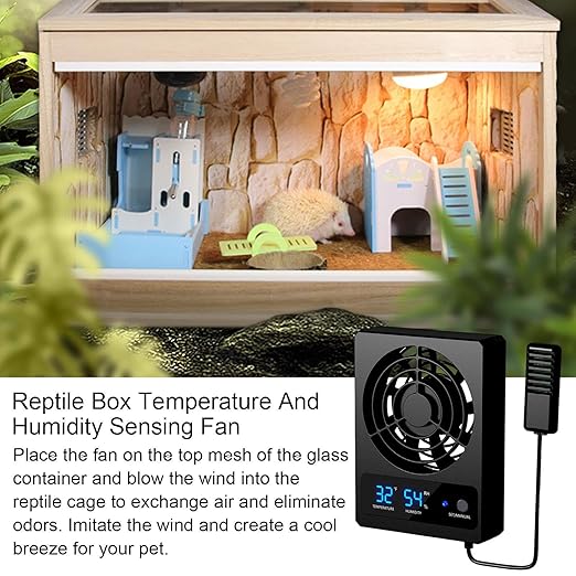 Ventilation Fan - Intelligent Reptile Tank Cooler, LED Display Climate Monitor with Strong Airflow Circulation System, Low Noise Design, Ideal for Amphibians Snakes Lizards Habitat Care