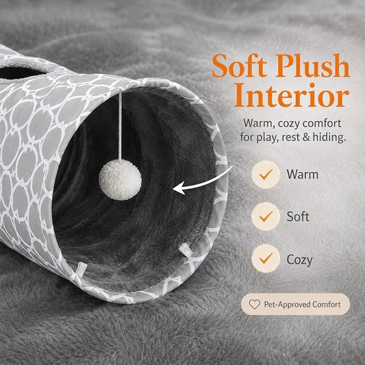 Geometric Straight Cat Tunnel with Plush Inside,Cats Toys Collapsible Tunnel Tube with Balls, for Rabbits, Kittens, Ferrets,Puppy,Diameter 11.8 Inch