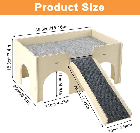 Wooden Guinea Pig Castle, Upgraded Guinea Pig Hideout, Small Pet House with Ramp & 4 Openings, Easy to Assemble for Guinea Pigs, Hamsters, Gerbils & Chinchillas