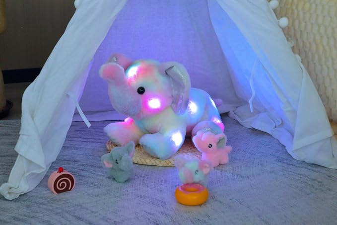 Hopearl LED Plush Colorful Elephant Light up Stuffed Mommy Elephant with 3 Baby Elephish in her Tummy Floppy Stuffed Animal Playset Night Lights Glow in the Dark Birthday Gifts for Toddlers, 18''