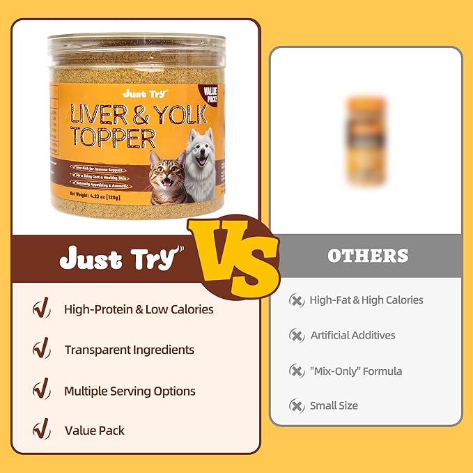 Just Try 4.23 OZ Cat Food Toppers Sprinkles with Freeze Dried Egg Yolk & Beef Liver, High Protein & Iron Support Grain Free High Protein Meal Toppers Dog Treats
