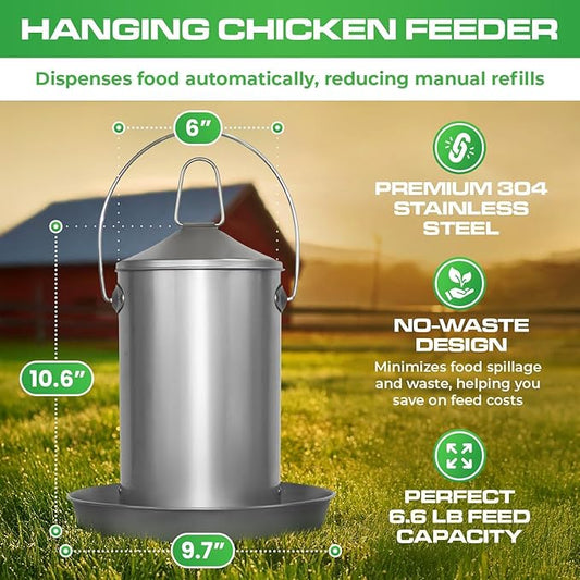 Plexon Automatic Chicken Feeder 2.9KG/6.6lbs – Heavy-Duty 304 Stainless Steel Poultry Feeder, Rust-Proof, Top-Fill Design, Easy to Clean, Weather-Resistant