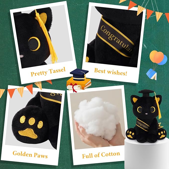 2026 Graduation Gift Set - Black Cat Plush with Soap Rose Bouquet & Card, Class of 2026 Stuffed Animal for Her, Him & Kids, High School College Graduate