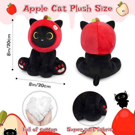 Black Cat Plush - 8inch Cute Stuffed Cat with Red Apple Hood, Teacher Gift Soft Kitten Plushie Toy for Kids Boys Girls, Creative Fruit Plush,