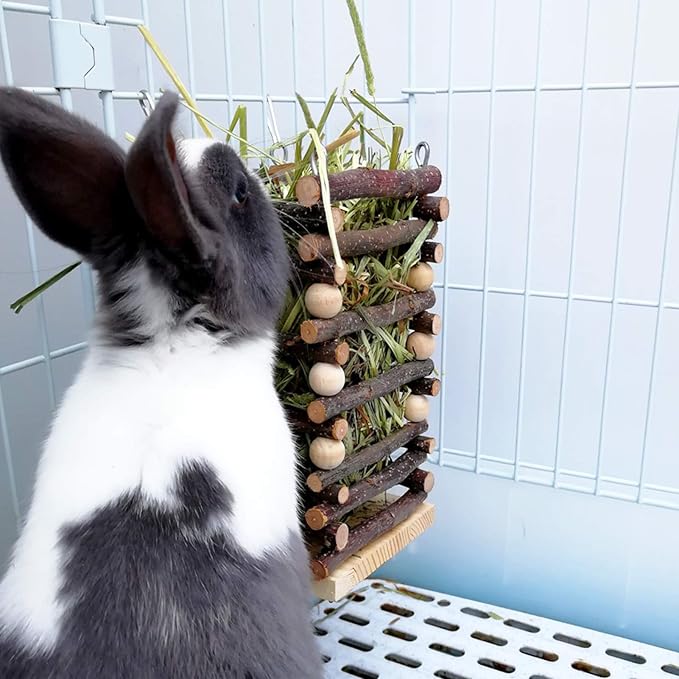 Hanging Apple Wood Rabbit Hay Feeder - Guinea Pig Grass Holder with 2 Hooks Biting Resistant Small Animals Chew Toy, Feeding Hay Manager Shelf for Chinchilla Bunny Hamster Gerbil Holiday Presents