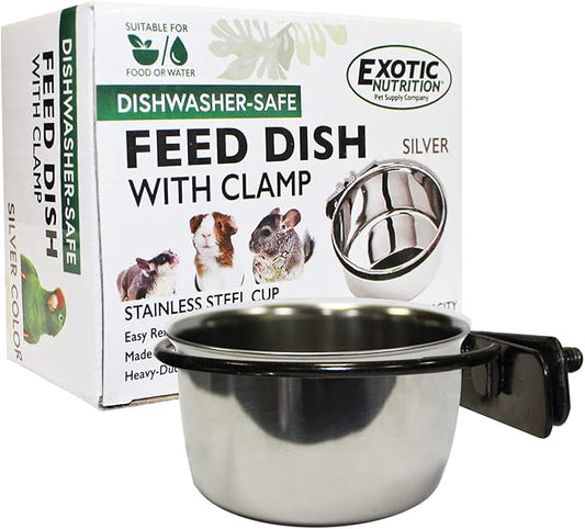 Stainless Steel Cup w/Holder - Durable Metal Mountable Food & Water Dish - Sugar Gliders, Hedgehogs, Chinchillas, Rats, Ferrets, Guinea Pigs, Rabbits, Squirrels, Birds (5 oz., Silver)