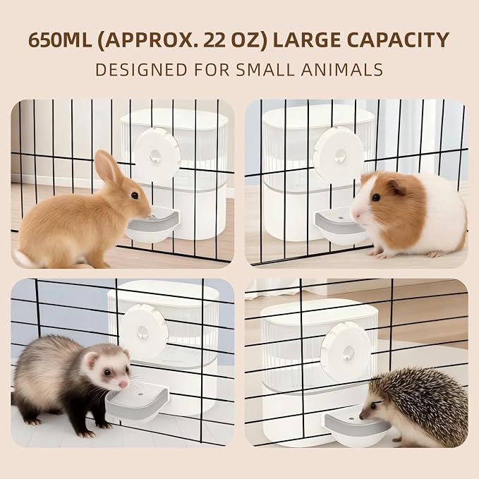 No Drip Hanging Automatic Rabbit Water Dispenser 650ml, Top Refill Pet Water Bowl Bottle BPA Free for Bunny, Guinea Pig, Ferret, Chinchilla,Squirrel,Hamster,Puppy Kitten, Other Small Animals