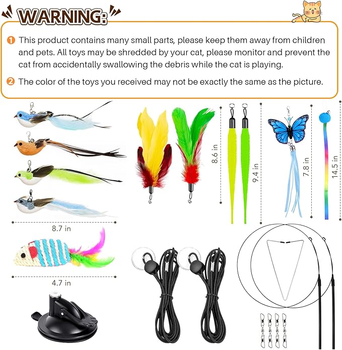 Interactive Bird Simulation Cat Toys,4 in 1 Cat Toys for Indoor Cats, 4 Replacement Birds,Hanging Door Kitten Wand with Suction Cup Removable Feathers Balls Mice Butterfly Streamers