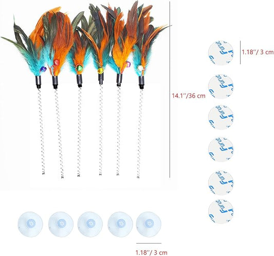 IUHKBH Cat Feather Wands, 6 PCS Spring Cat Teaser Wands with Bell Self Play Feather Toys Interactive Kitten Wand