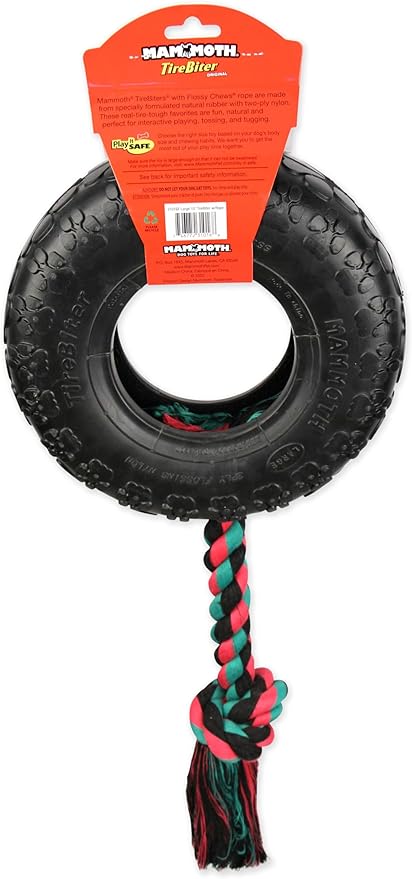 Mammoth TireBiter Originals with Cotton-Poly Rope – Natural Rubber Dog Toys – Dog Toys for Extra Long Interactive Play – Strong Chewer Toys for All Dog Breeds - Large, 10”