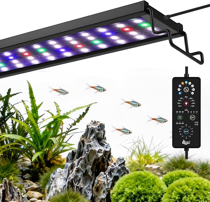 AQQA Aquarium Plant Light Full Spectrum LED Fish Tank Light IP68 Waterproof with 24/7 Natural Mode & DIY RGBW Mode, 9 Colors & 10-Level Brightness Adjustable, 6 Timer Settings for 18"-24" Tank (18W)