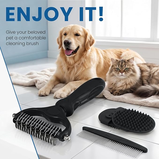 Double-Sided Pet Grooming Rake - 4-in-1 Professional Pet Grooming Kit, Deshedding Dematting Tool for Dogs, Cats, Extra-Wide Grooming Brush & Deshedder Comb for Long and Short Haired Pets(4PCS Black)