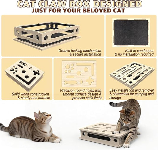 Cat Scratch Puzzle Enrichment Box, Large Solid Wood Construction Cat Nail File Enrichment Box with Sandpaper Inside, Cat Nail File Box Stress Free Alternative to Clippers and Grinders(No Bell Ball)